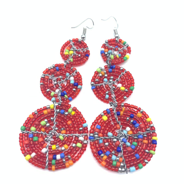 Beaded Earrings 3 Circles -Red Variation