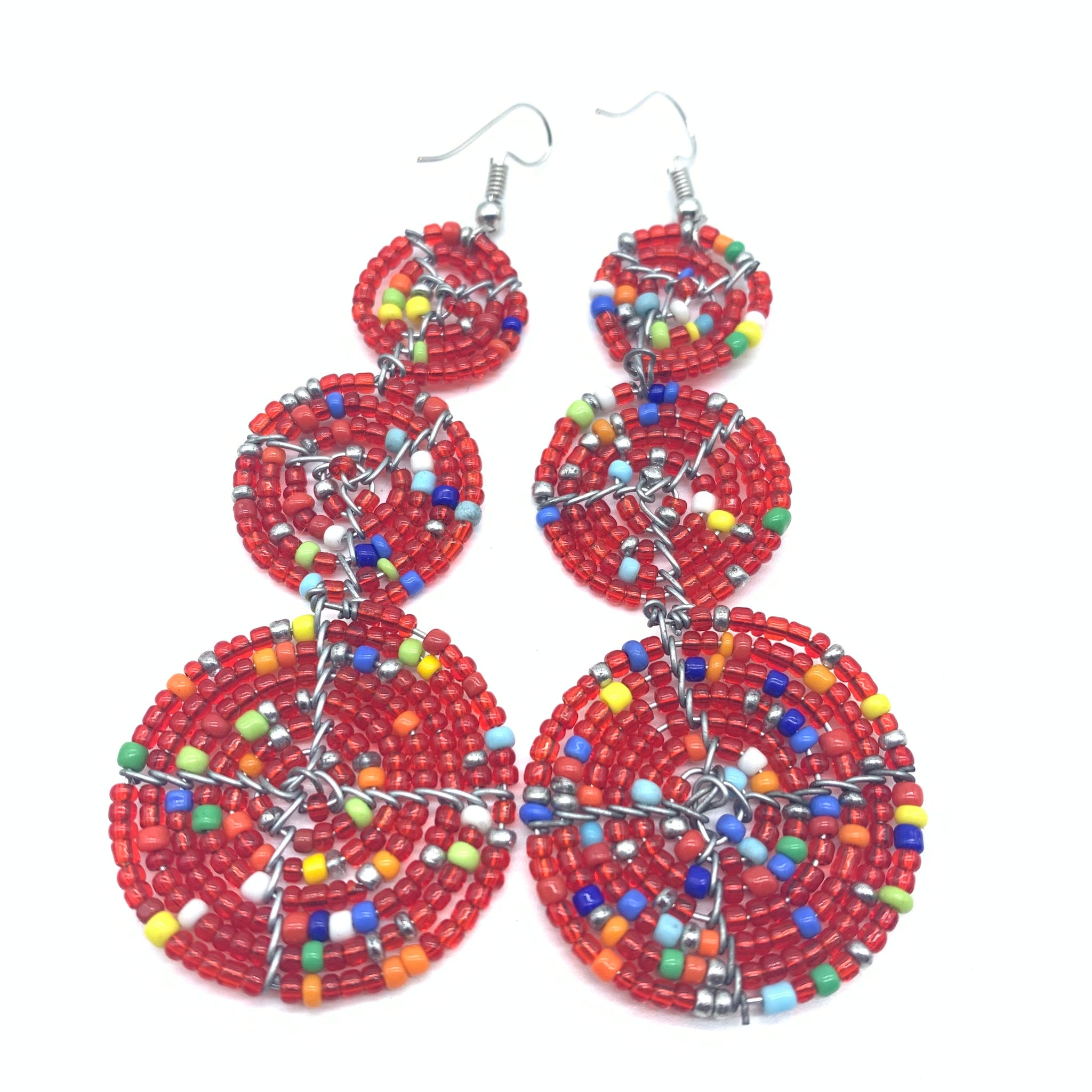 Beaded Earrings 3 Circles -Red Variation