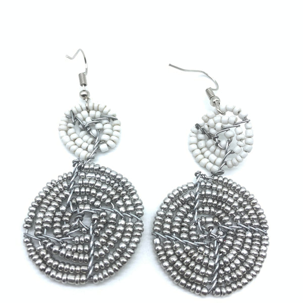 Beaded Earrings 2 Tone 2 Cirles -Silver