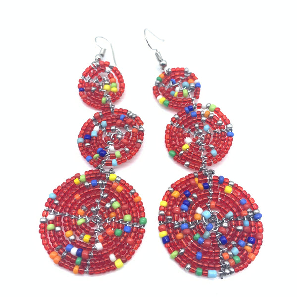 Beaded Earrings 3 Circles -Red Variation