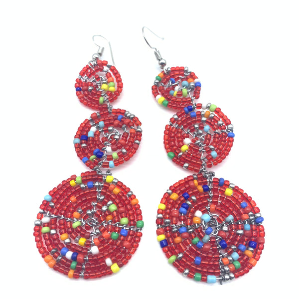 Beaded Earrings 3 Circles -Red Variation