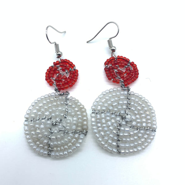 Beaded Earrings 2 Tone 2 Cirles -Pearl White