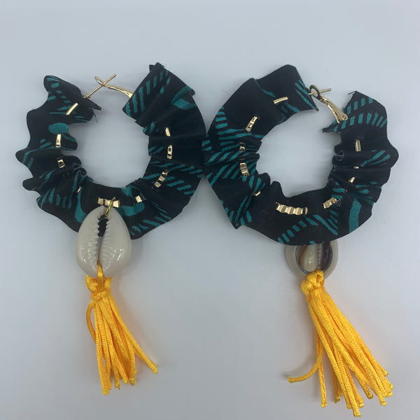 African Print W/Shell Earrings-Ruffle Hoops Black Variation - Lillon Boutique