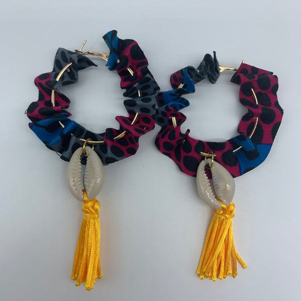 African Print W/Shell Earrings-Ruffle Hoops Black Variation 2 - Lillon Boutique
