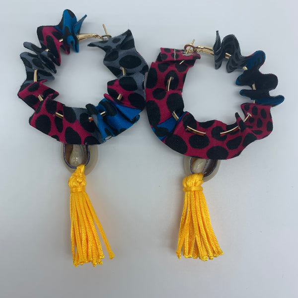 African Print W/Shell Earrings-Ruffle Hoops Black Variation 2 - Lillon Boutique