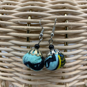 African Print Earrings W/ Beads-Puff Ball Blue Variation 4