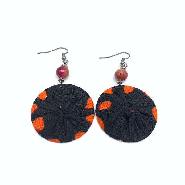 African Print Earrings W/ Beads-Round XS Orange Variation 3