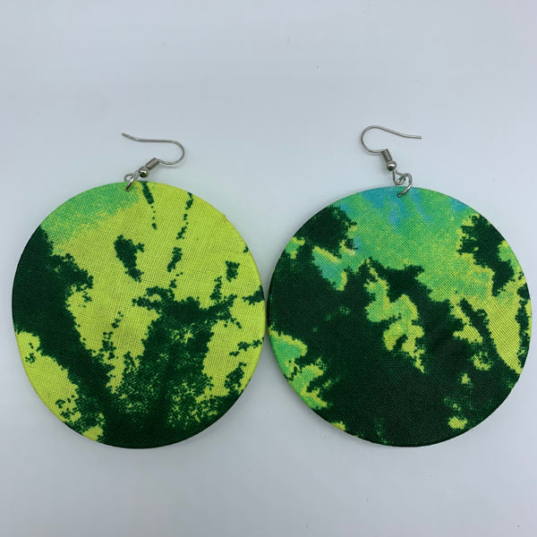 African Print Earrings-Round W/Button L Green Variation