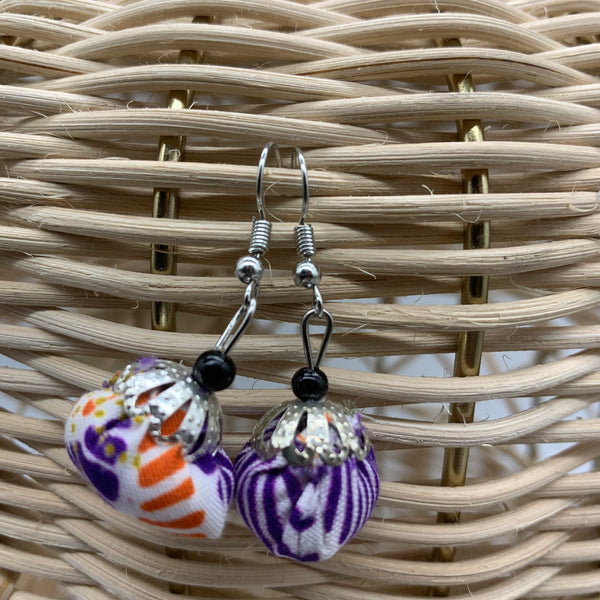African Print Earrings W/ Beads-Puff Ball Purple Variation