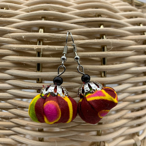 African Print Earrings W/ Beads-Puff Ball Red Variation