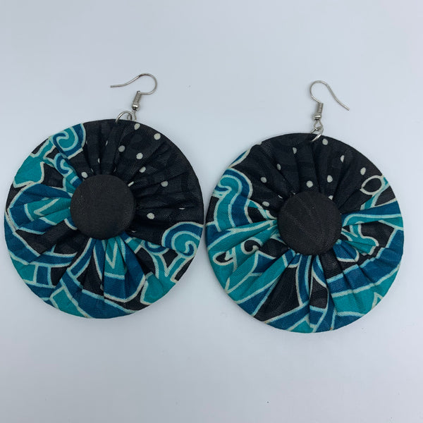 African Print Earrings-Round W/Button L Blue Variation 4