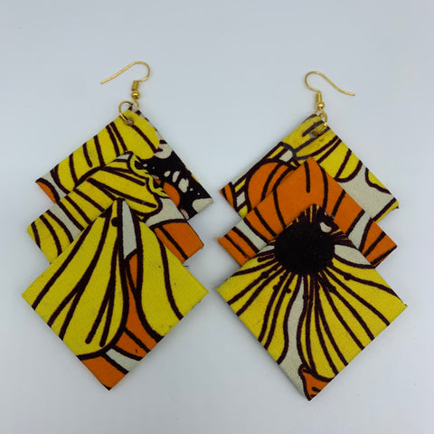 African Print Earrings-3 Squares Reversible Yellow Variation 3
