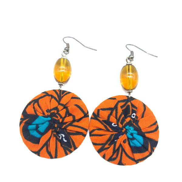 African Print Earrings W/ Beads-Round XS Orange Variation 2