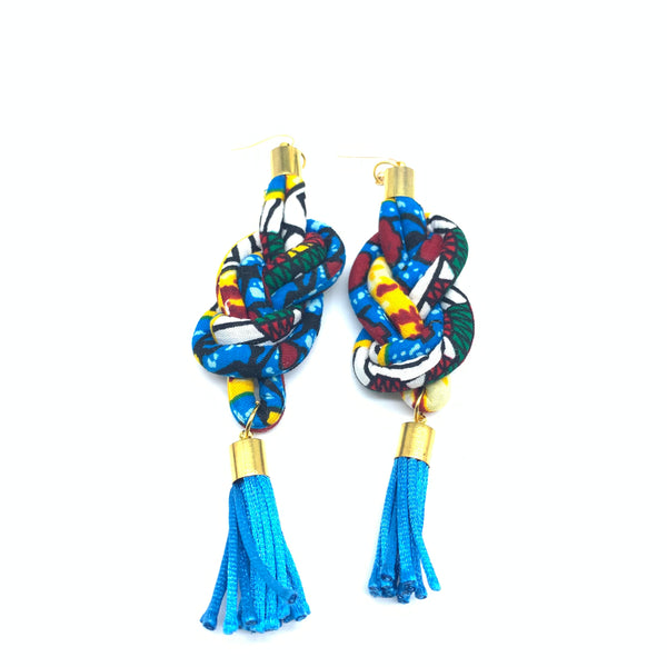 African Print Earrings-Knotted L Blue Variation 6