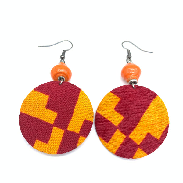 African Print Earrings W/ Beads-Round XS Orange Variation 5