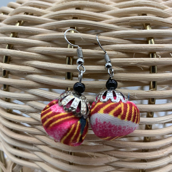 African Print Earrings W/ Beads-Puff Ball Pink Variation