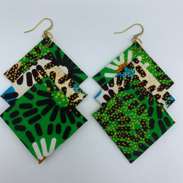 African Print Earrings-3 Squares Reversible Green Variation 3