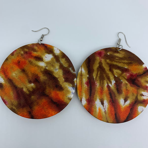 African Print Earrings-Round W/Button L Brown Variation