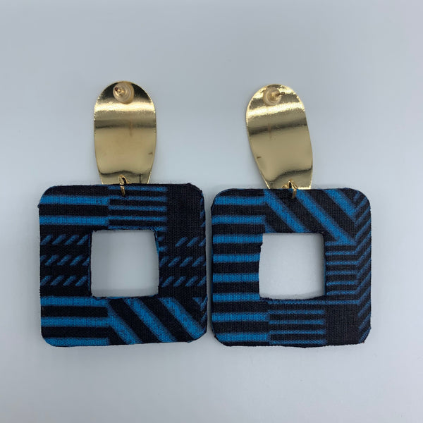 African Print Earrings-Metal Square Blue Variation