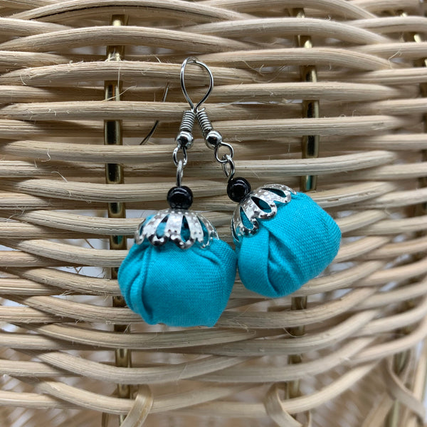 African Print Earrings W/ Beads-Puff Ball Blue Variation