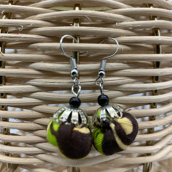 African Print Earrings W/ Beads-Puff Ball Green Variation 4