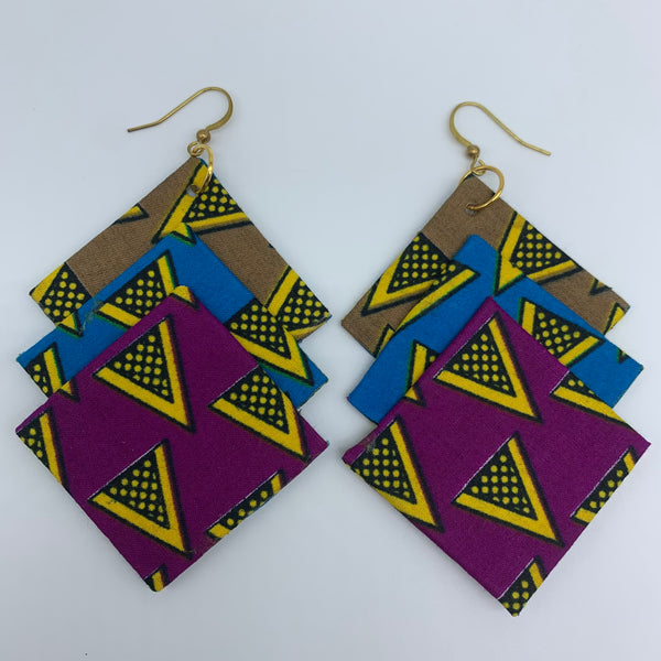 African Print Earrings-3 Squares Reversible Blue Variation 5