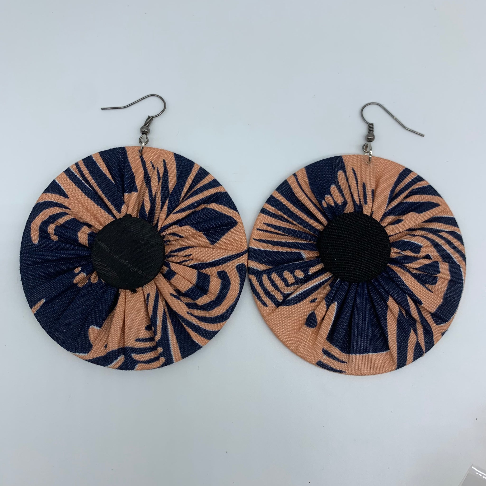 African Print Earrings-Round W/Button L Pink Variation