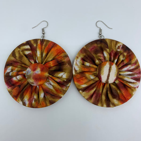 African Print Earrings-Round W/Button L Brown Variation 2