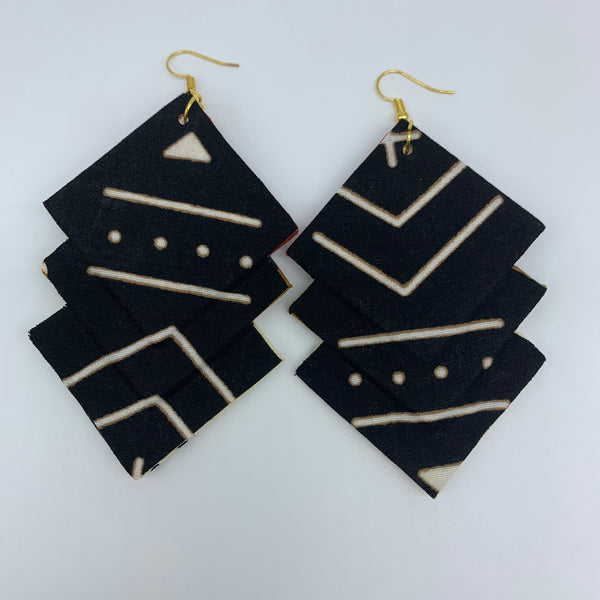 African Print Earrings-3 Squares Reversible Off White Variation 2