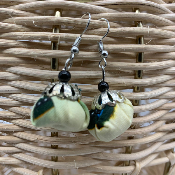 African Print Earrings W/ Beads-Puff Ball Green Variation 3