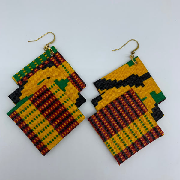 African Print Earrings-3 Squares Reversible Orange Variation 4