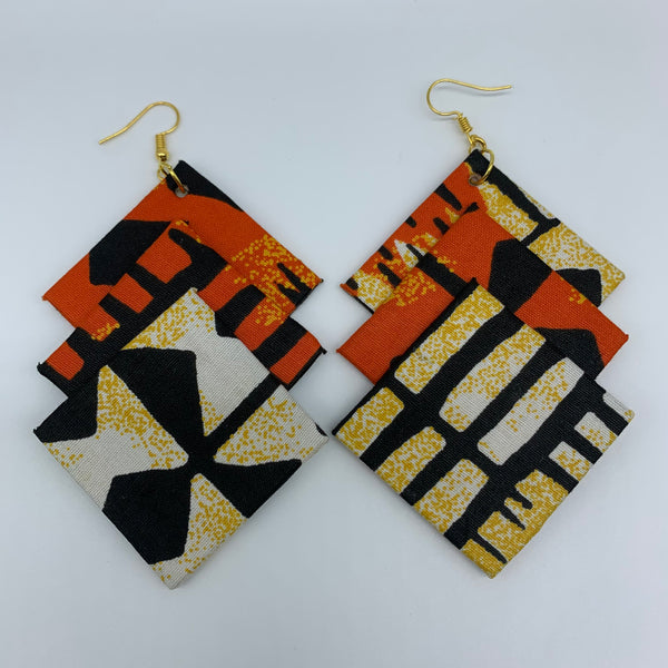 African Print Earrings-3 Squares Reversible Orange Variation