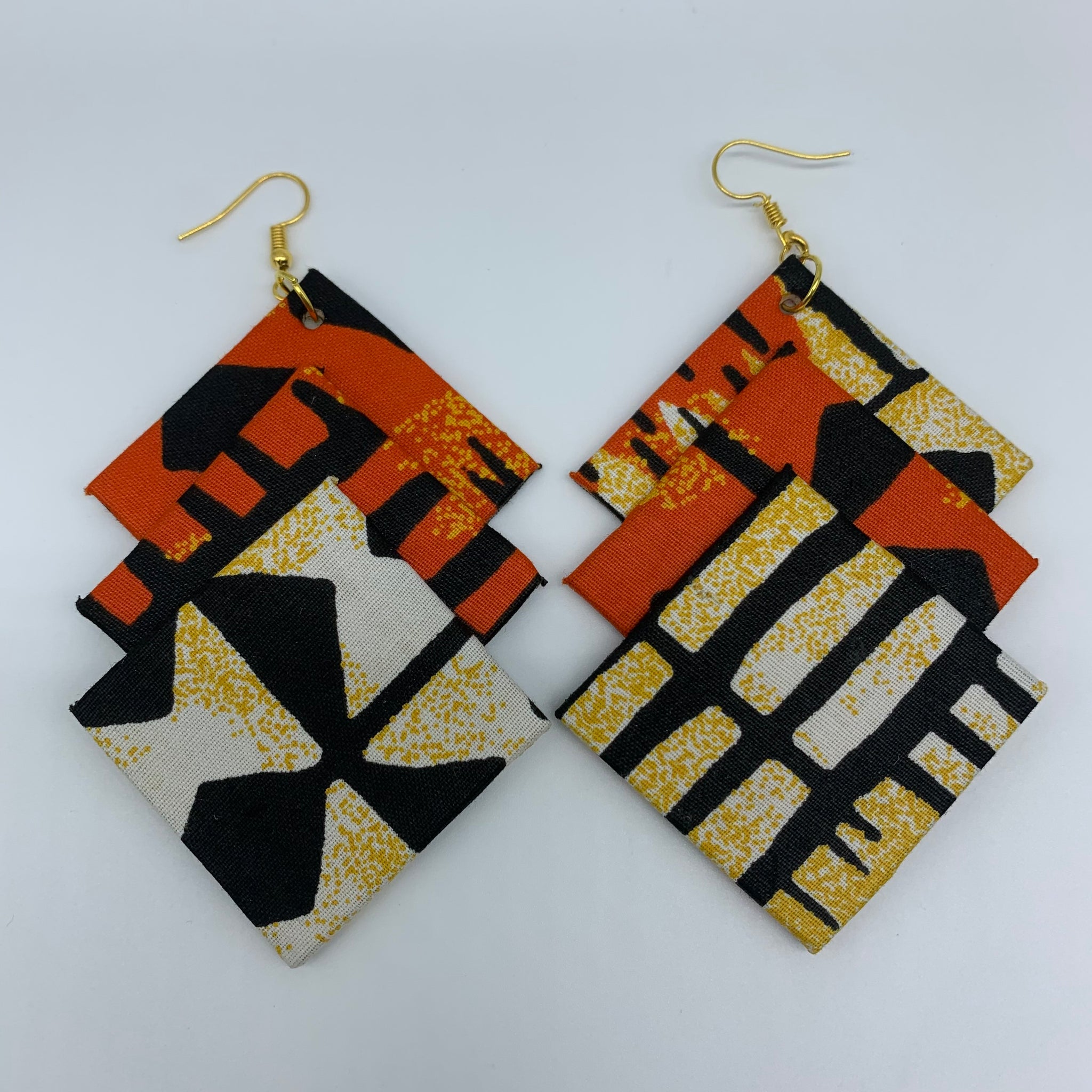 African Print Earrings-3 Squares Reversible Orange Variation