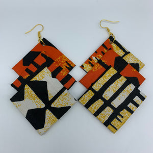 African Print Earrings-3 Squares Reversible Orange Variation