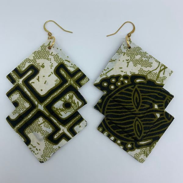 African Print Earrings-3 Squares Reversible Green Variation 4