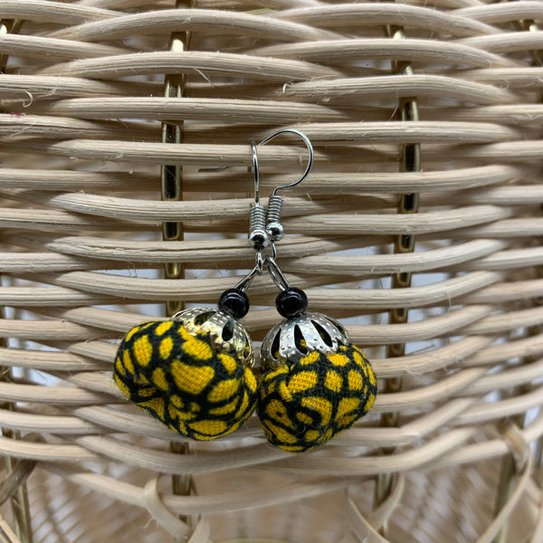 African Print Earrings W/ Beads-Puff Ball Yellow Variation