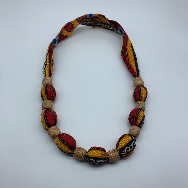 African Print Necklace W/Wooden Beads-Red Variation - Lillon Boutique