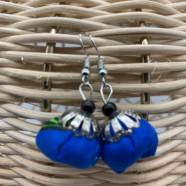 African Print Earrings W/ Beads-Puff Ball Blue Variation 2