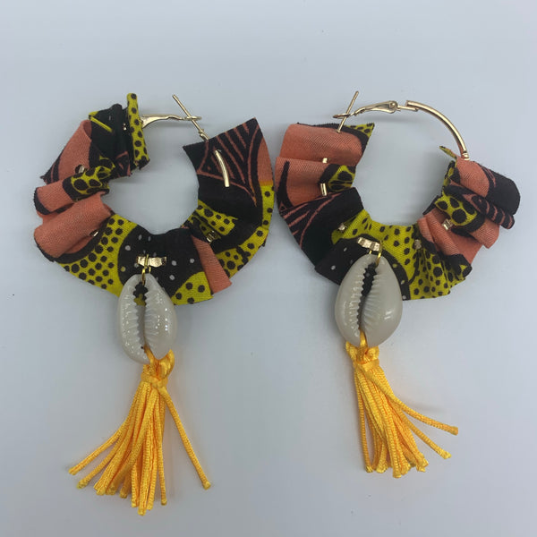 African Print W/Shell Earrings-Ruffle Hoops Pink Variation - Lillon Boutique