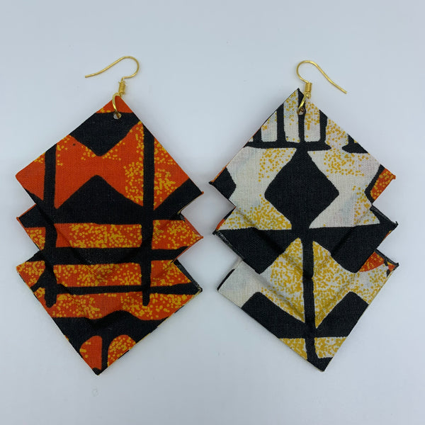 African Print Earrings-3 Squares Reversible Orange Variation