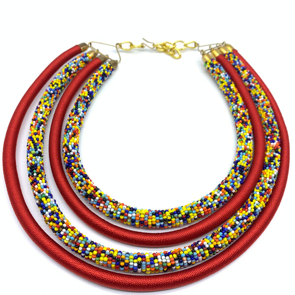Beaded Thread Multi Strands Bangle Necklace-Red Variation