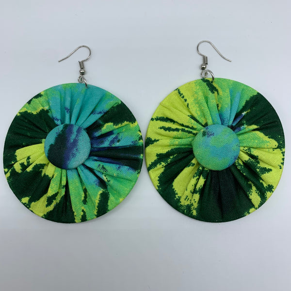 African Print Earrings-Round W/Button L Green Variation