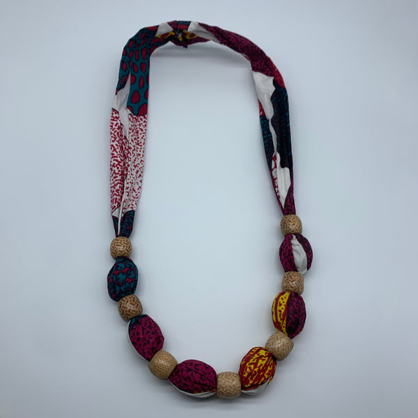 African Print Necklace W/Wooden Beads-Pink Variation 3 - Lillon Boutique