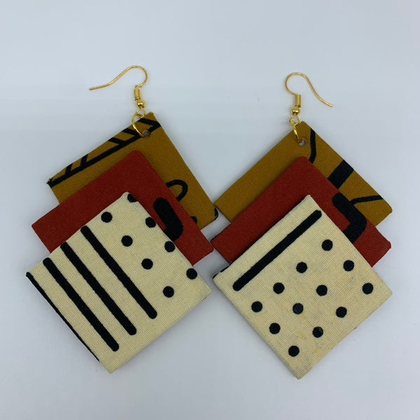 African Print Earrings-3 Squares Reversible Off White Variation 3