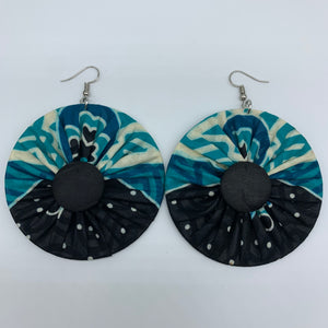 African Print Earrings-Round W/Button L Blue Variation
