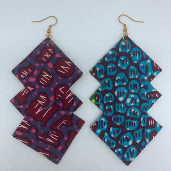 African Print Earrings-3 Squares Reversible Red Variation - Lillon Boutique