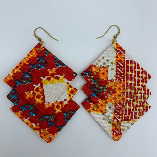 African Print Earrings-3 Squares Reversible Red Variation 4