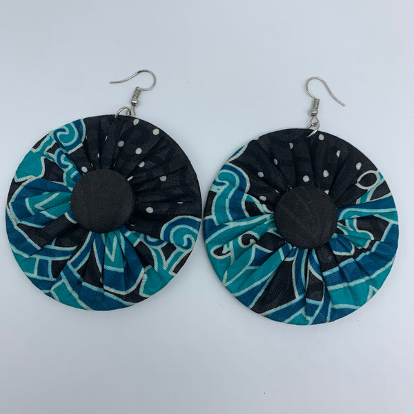 African Print Earrings-Round W/Button L Blue Variation 3