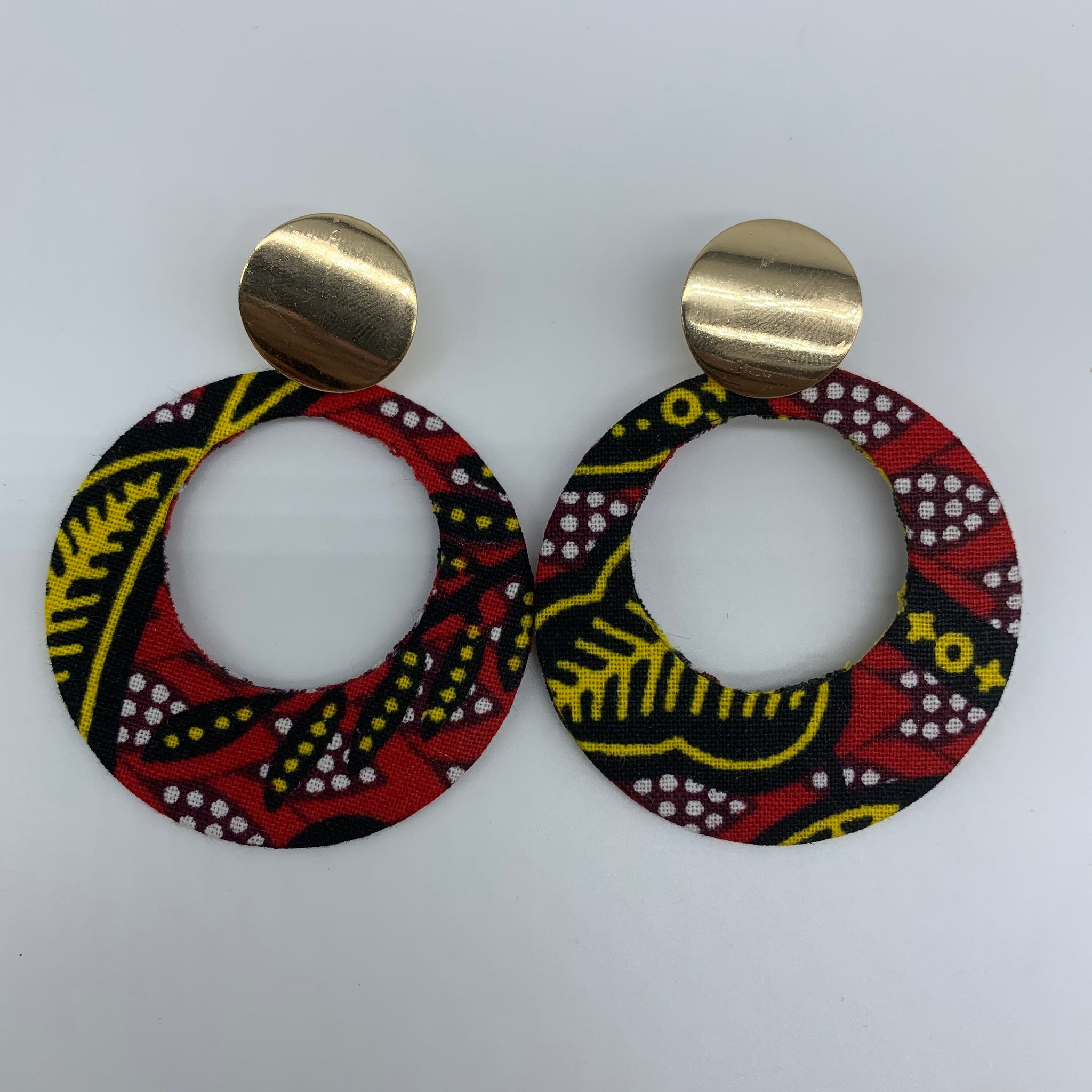African Print Earrings-Metal Circle Red Variation