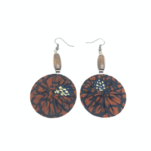 African Print Earrings W/ Beads-Round XS Brown Variation 3